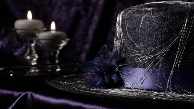 A black top hat adorned with blue steam balls rests on purple fabric, flanked by two lit candles on a metal tray,