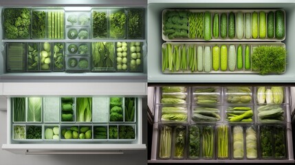 Organized fridge displays an array of monochromatic green vegetables in containers