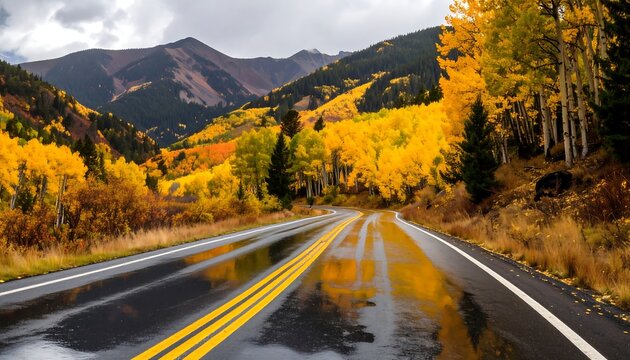 A wet road winding through a vibrant autumn mountain landscape - Powered by Adobe