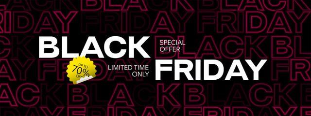 Black Friday Sale Banner Template. Black Friday sale banner concept. Bright typography gradient text. Black Friday Design with Ribbon and Black Friday Typography