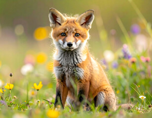 Adorable red fox kit amidst a vibrant meadow of wildflowers.