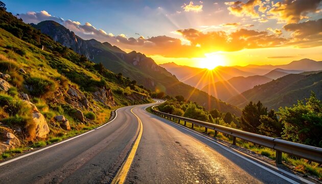 A winding asphalt road ascends a verdant mountainside, illuminated by a vibrant sunset. 