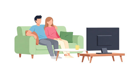Fototapeta premium A couple sits on a couch watching television together, relaxed and enjoying their time.
