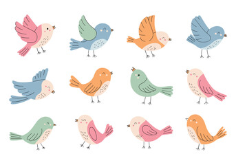 Obraz premium Twelve Cute Hand- Drawn Birds in Various Poses on White Background cartoon illustration