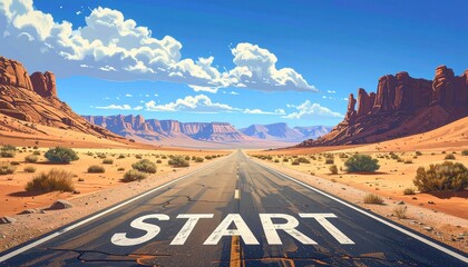 Road to monument valley with the word start marking the beginning of a journey ahead. Concept for new beginnings, goal achievement and career aspiration
