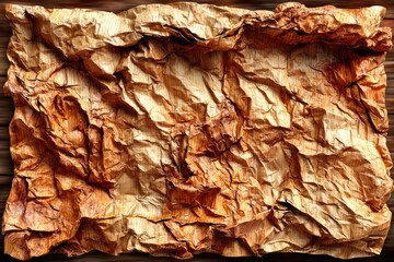 Crinkled, aged brown paper on wood