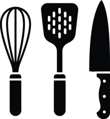 Kitchen utensils silhouette collection whisk spatula knife cooking tools graphics vector
