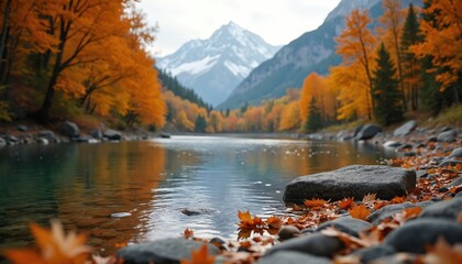 Obraz premium Serene autumn river winds through forest with colorful trees, orange, yellow fall foliage. Mountains in background, calm water, rocky shore covered with fallen leaves. Peaceful scenic nature