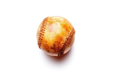 Aged baseball sits centered on white