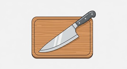 Illustration of a chef' knife resting diagonally on a wooden cutting board against a clean white background, ideal for kitchen and cooking themes.