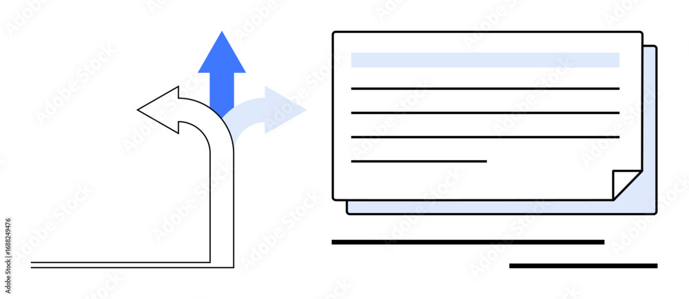 Poster curved arrow splitting into two directions with one bold upward arrow adjacent to stacked documents.