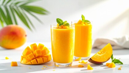Fresh mango juice in glass with sliced mango and green leaves on white background
