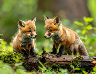 Fototapeta premium Two adorable red fox kits interact on a mossy forest log.
