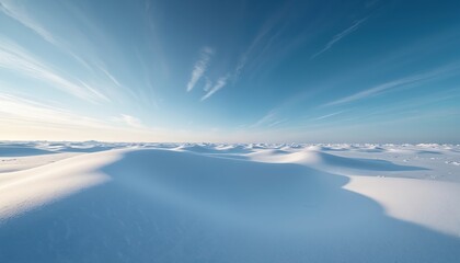 Obraz premium Vast Arctic ice landscape under clear blue sky with wispy clouds. Snow-covered terrain forms gentle, undulating dunes casting soft shadows. Sub-zero temperatures, cold winds prevail in frozen, white,