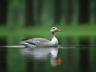 Fototapeta premium Lonely Swan Swimming Gracefully on Water, White Feathers with Stripes & Orange Beak, Clear Water Reflection, Verdant Forest Green Leaf Background