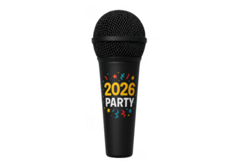 Black microphone with 2026 party label celebrating new year's eve on transparent background