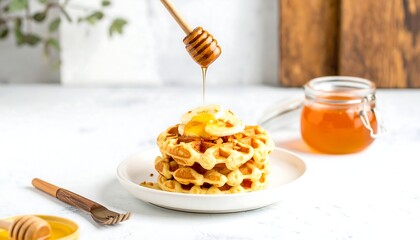 Honey drizzling over waffles with egg