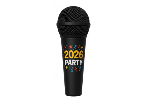 Black microphone with 2026 party label celebrating new year's eve on transparent background
