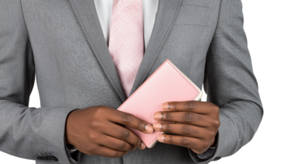 Man in Suit Holding Pink Wallet 