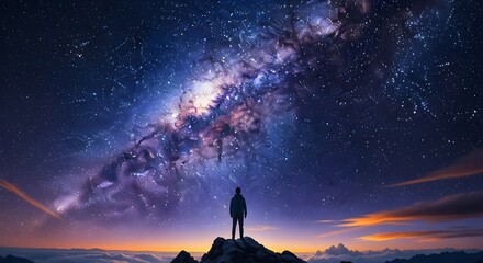 Silhouette of a man gazing at a vibrant purple and blue Milky Way galaxy at night, a high-angle shot with cinematic lighting, conveying a sense of wonder and awe against