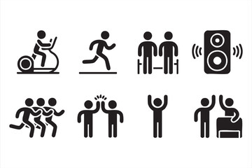 Vector silhouette icons of running, high five, and group cheering for teamwork concepts