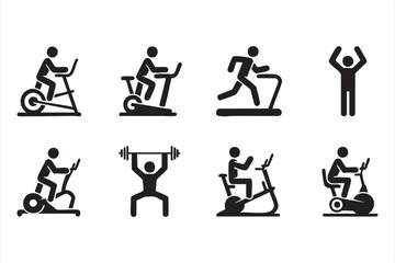 Gym training symbols collection including running, stretching, and cardio exercises