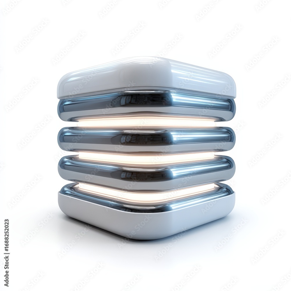 Fototapete abstract 3d rendering of a futuristic illuminated chrome and white stacked structure design