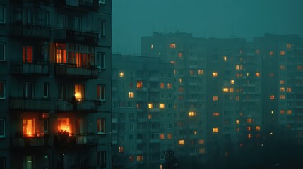 Mysterious Night in an Urban Environment with Dimly Lit Apartment Windows and Fog Surrounding High-rise Buildings