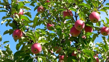 Red apples on a tree against a clear blue sky