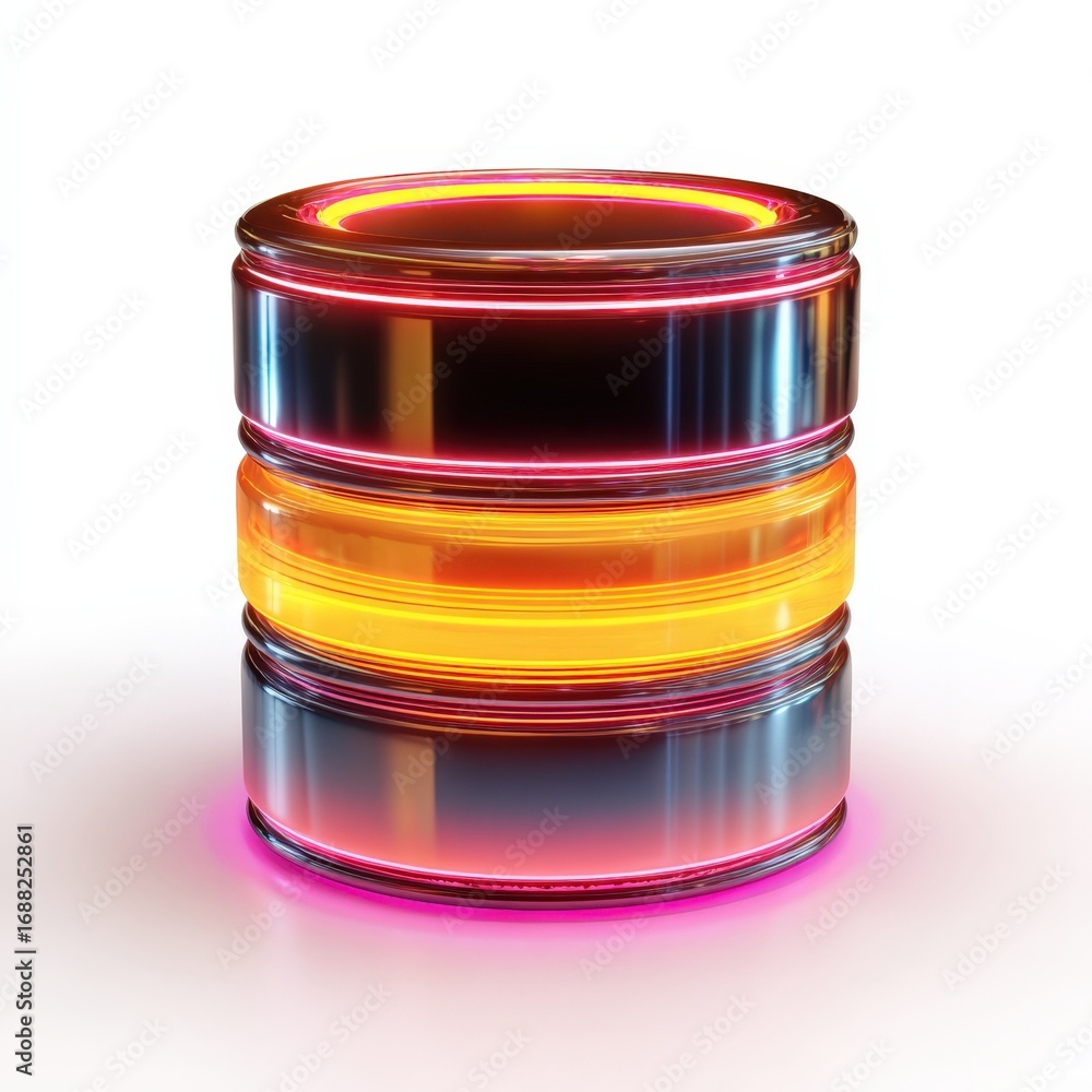Poster abstract 3d render of glowing neon cylinder database server data storage technology