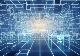 Abstract digital office space with neon grid lines, futuristic technology background