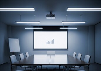 Modern conference room with projector screen and empty chairs for business meeting