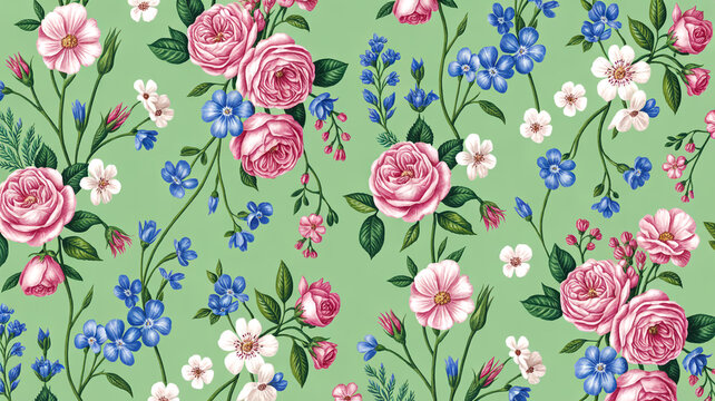 Delicate floral wallpaper, intricate blossoms, mint green background, elegant seamless design - Powered by Adobe