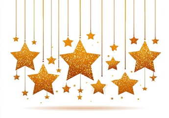 Gold glitter stars hanging on strings against a white background