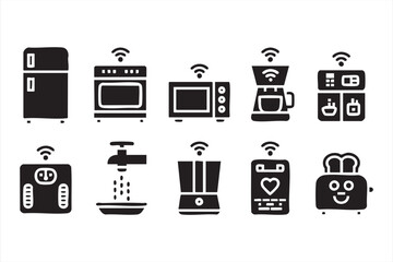 WiFi-enabled kitchen appliance pictograms collection for smart home illustrations
