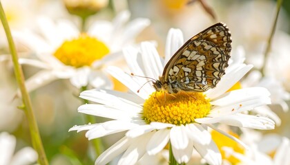 Butterfly perched on a daisy in a sunny garden