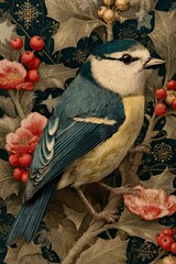 Vintage illustration of a beautiful bird perched on a holly branch with metallic gold accents, surrounded by detailed Christmas decorations, snowflakes, and festive elements in classic style