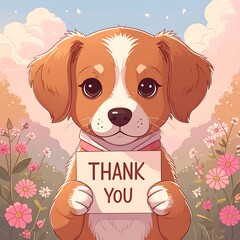 Cute puppy holding a thank you sign in a flower garden
