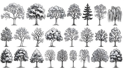 Fototapeta premium Collection of detailed black and white tree illustrations