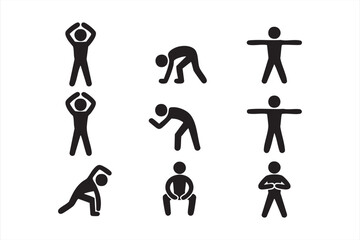 Exercise icons set with stretching, warm up, and aerobics silhouette pictograms