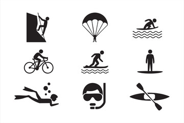 Outdoor adventure silhouette icons set for surfing, snorkeling, and climbing concepts