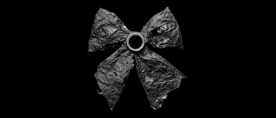 Crumpled black ribbon bow against a black background