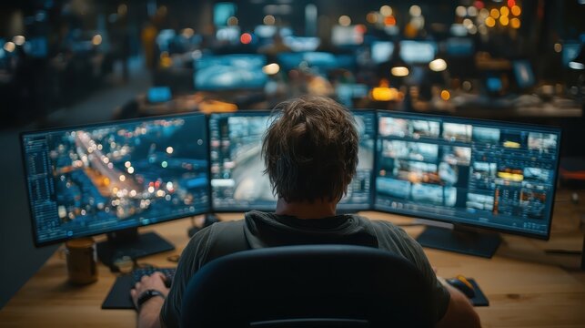 Professional individual focused on multiple computer monitors in a modern workspace, analyzing data and information in a high-tech environment - Powered by Adobe