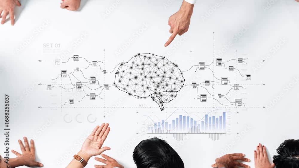 Aufkleber diverse team collaborates around a digital brain model, highlighting connections and data trends in 