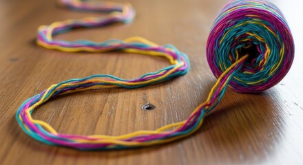 Colorful Yarn Roll on Wood Surface