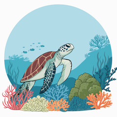 Sea Turtle Swimming Gracefully Over a Colorful Coral Reef.