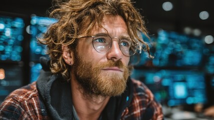 Fototapeta premium Young Man with Curly Hair and Glasses Contemplating in Front of Digital Interfaces in a Modern Office Environment Filled with Technology