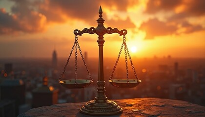 Golden scales of justice symbolize balance, fairness against vibrant city sunset. Image represents legal concepts, court decisions, pursuit of truth, equality in society. Evokes themes of law,