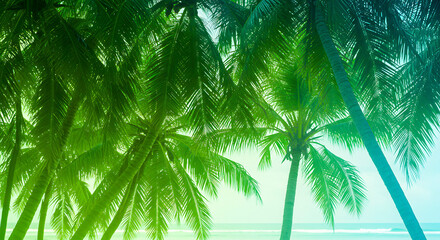 Naklejka premium Vibrant tropical palm trees sway gently under a bright sky, evoking a sense of paradise and relaxation