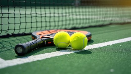 Yellow padel tennis balls rest on green court turf next to racket and net. Outdoor sport equipment for training, match play, or learning the game. Healthy active lifestyle hobby for players.